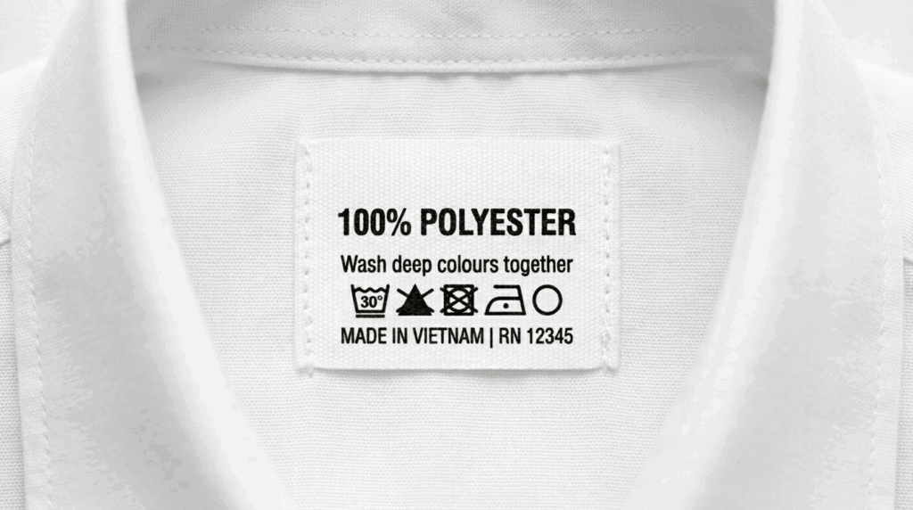 Gros plan de l'étiquette d'entretien en tissu d'une chemise blanche boutonnée, cousue à l'intérieur du col. L'étiquette blanche rectangulaire contient du texte noir et des symboles. Le texte est : "100% POLYESTER", suivi de "Wash deep colours together". En dessous se trouve une rangée de cinq symboles d'entretien : lavage à 30°C délicat (cuve avec 30°), interdiction de blanchiment (triangle barré), interdiction de séchage en tambour (carré avec cercle barré), interdiction de repassage (fer à repasser barré) et interdiction de nettoyage à sec (cercle barré). La ligne finale de texte indique : "MADE IN VIETNAM | RN 12345".