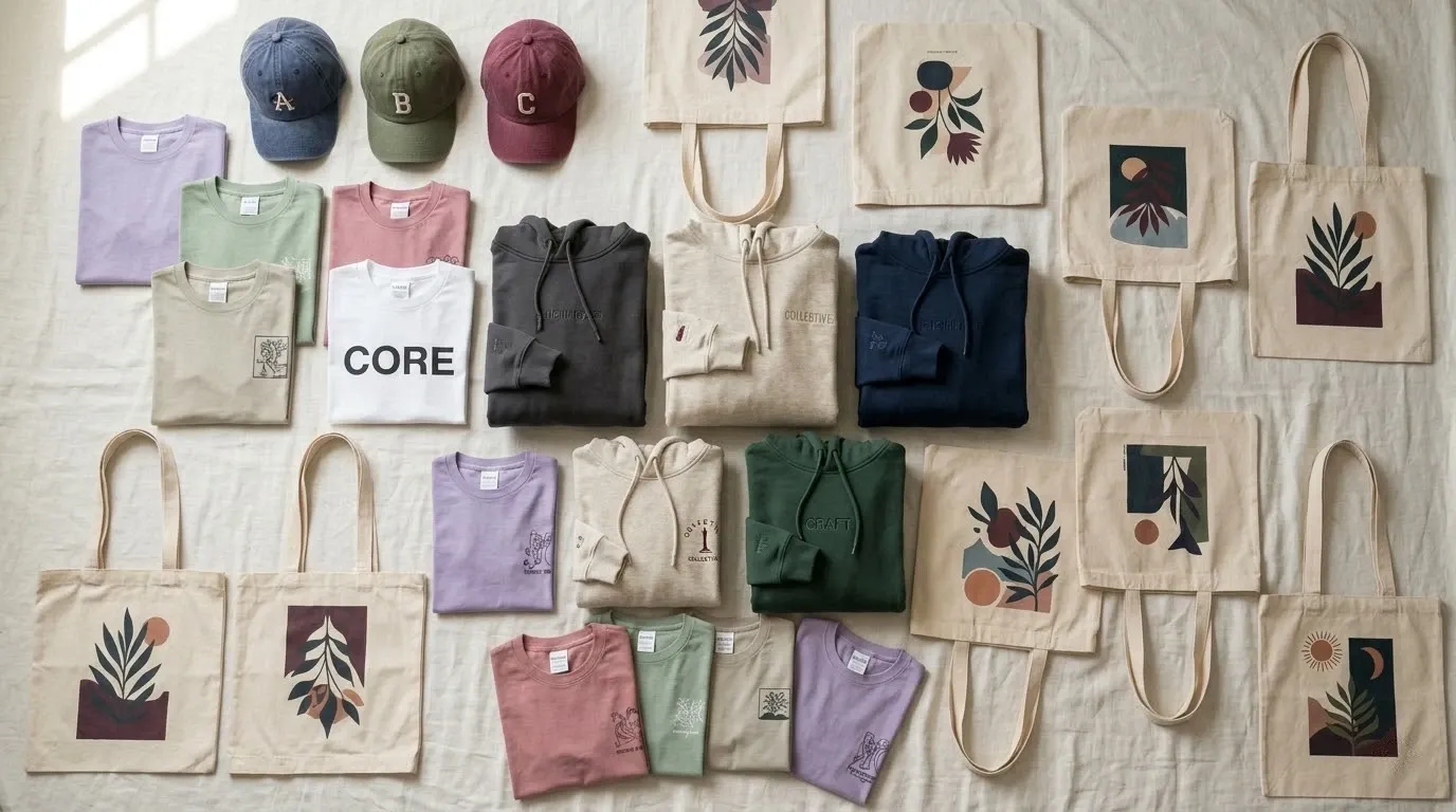 lot de vêtement et accessoires colorés diverses sur un fond de tissu blanc